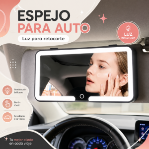 Espejo para auto con luz integrada, diseño rectangular para colocar en la visera del vehículo. Venta por mayoreo
