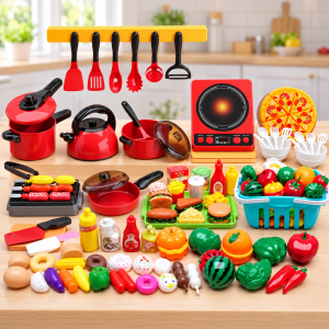 Juego de cocina infantil con 93 piezas, estufa, ollas, tetera, utensilios, vajilla y alimentos de juguete. Venta por mayoreo