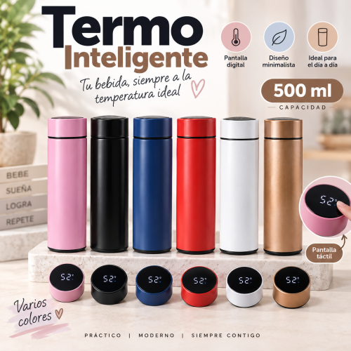 Termo inteligente de 500 ml con pantalla digital en la tapa, ideal para bebidas de uso diario. Venta por mayorea Termo inteligente de 500 ml con pantalla digital en la tapa, ideal para bebidas de uso diario. Venta por mayorea