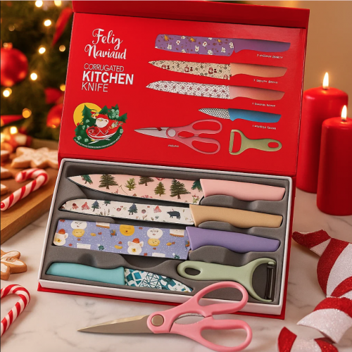 Set de cuchillos de cocina con diseños navideños, incluye 5 cuchillos y tijera. Acero inoxidable, mango ergonómico y base imantada. Ideal para regalo. Venta al por mayor