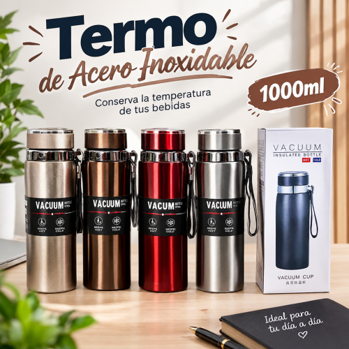 Termo de acero inoxidable de 1000 ml con correa y diseño tipo vacuum, ideal para llevar bebidas durante el día. Venta por mayoreo