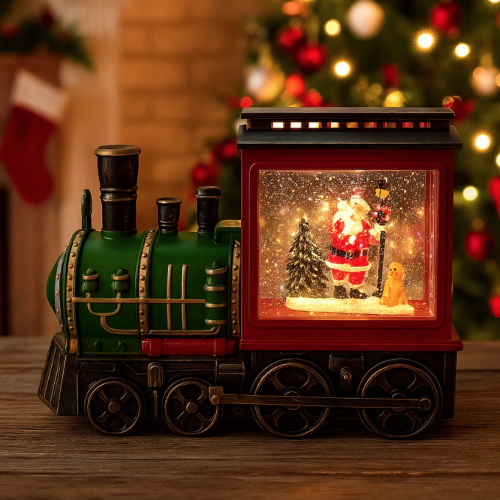 Tren navideño decorativo con luz y efecto nieve, figura de Santa Claus, adorno de navidad elegante. Venta por Mayoreo 883093