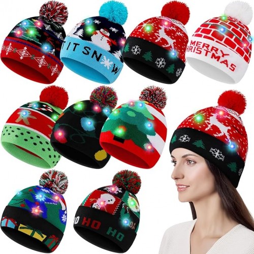 Gorros navideños tejidos con diseños divertidos y luces LED integradas. Perfectos para fiestas, posadas y regalos. Venta por mayoreo 883192- CML