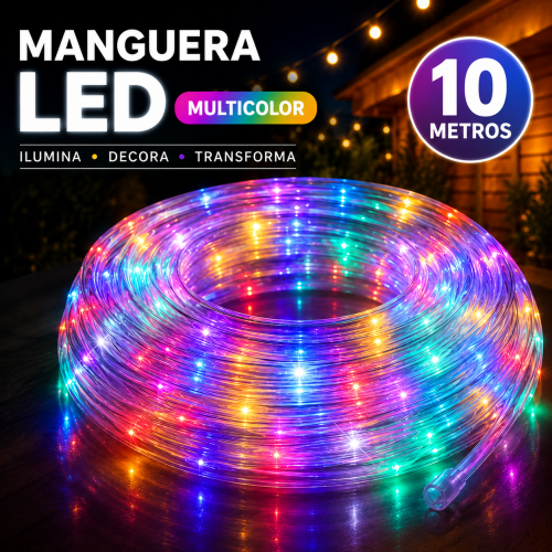 Manguera LED multicolor de 10 metros con iluminación decorativa, ideal para ambientar interiores, exteriores y eventos. Venta por mayoreo Manguera LED multicolor de 10 metros con iluminación decorativa, ideal para ambientar interiores, exteriores y eventos. Venta por mayoreo