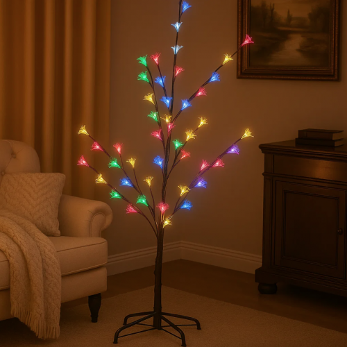 Árbol artificial negro de 1.50 m con luces LED multicolor en forma de flores, ideal para decoración. Venta por mayoreo 883234