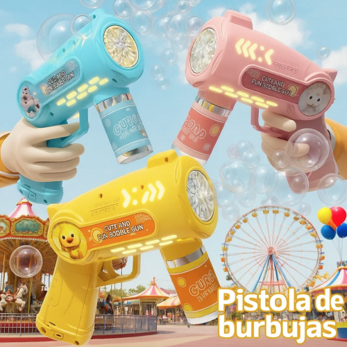 Pistola automática de burbujas con luces LED .Ideal para niños, fiestas o actividades al aire libre. Venta al por mayor 
