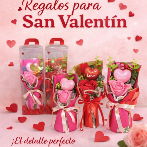 Ramo de rosas de jabón con corazón decorativo y luz LED. Ideal como regalo romántico para San Valentín. Venta al por mayor 3405