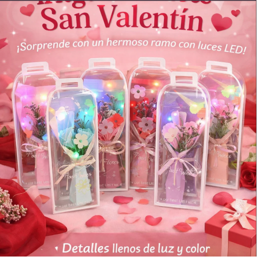 Ramo de rosas de jabón con luz LED decorativa. Ideal para San Valentín, aniversarios y fechas especiales, venta por mayoreo 3406