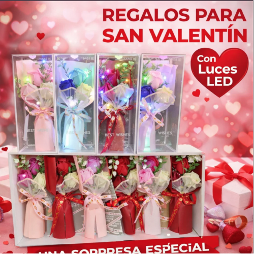 Ramo de rosas de jabón con luz LED, ideal para regalar en San Valentín, aniversarios y fechas especiales para venta por mayoreo. Modelo 3411. 