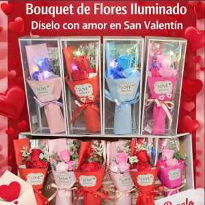 Ramo de rosa de jabón con luz LED decorativa y presentación elegante. Ideal como regalo romántico para San Valentín, aniversarios y fechas especiales. Venta por mayoreo. Modelo 3413.