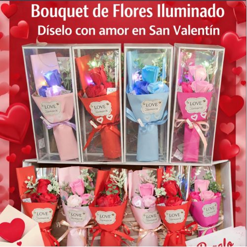 Ramo de rosa de jabón con luz LED decorativa y presentación elegante. Ideal como regalo romántico para San Valentín, aniversarios y fechas especiales. Venta por mayoreo. Modelo 3413.