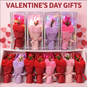 Ramo decorativo de flor de jabón con pompón y luz LED integrada. Ideal como regalo romántico y detalle especial para aniversarios, San Valentín. Venta al por mayor