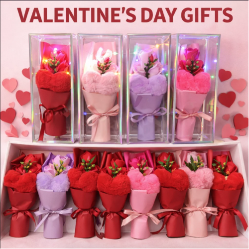 Ramo decorativo de flor de jabón con pompón y luz LED integrada. Ideal como regalo romántico y detalle especial para aniversarios, San Valentín. Venta al por mayor