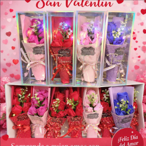 Ramo de rosas de jabón con luz LED varios colores, ideal como regalo romántico y decoración para San Valentín. Venta por mayoreo 3415