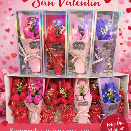 Ramo de rosas de jabón con luz LED varios colores, ideal como regalo romántico y decoración para San Valentín. Venta por mayoreo 3415