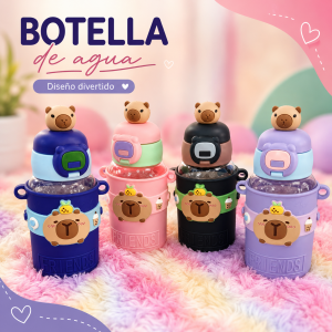Botellas infantiles con diseño de Capibara, colores surtidos. Venta por mayoreo