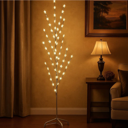 Árbol decorativo artificial en color blanco con 150 cm de altura, de luces LED cálidas en forma de estrellas. Ideal para decoración. Venta por mayoreo 883618