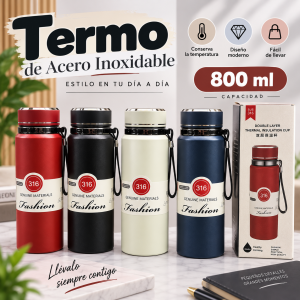 Termo de acero inoxidable de 800 ml con correa y varios colores, ideal para llevar bebidas durante el día. Venta por mayoreo
