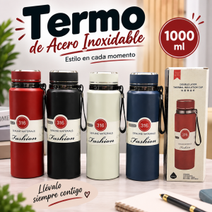 Termo de acero inoxidable de 1000 ml con correa y varios colores, ideal para llevar bebidas durante el día. Venta por mayoreo