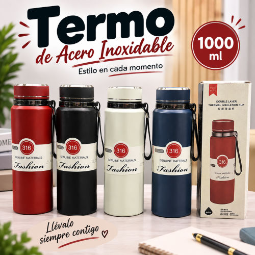 Termo de acero inoxidable de 1000 ml con correa y varios colores, ideal para llevar bebidas durante el día. Venta por mayoreo