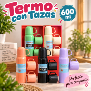 Termo de 600 ml con tazas incluidas y varios colores, ideal para compartir bebidas durante el día. Venta por mayoreo