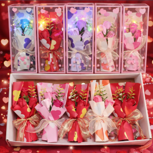 Ramo de rosa de jabón con luz LED, presentación elegante y diseño romántico. Ideal como regalo especial para San Valentín. Venta al por mayor 3956