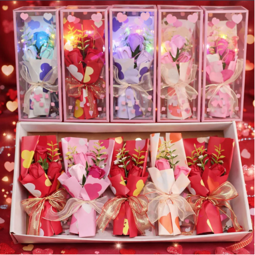Ramo de rosa de jabón con luz LED, presentación elegante y diseño romántico. Ideal como regalo especial para San Valentín. Venta al por mayor 3956
