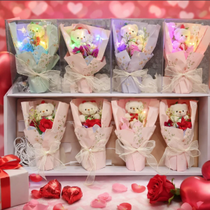 Ramo de rosa de jabón con luz LED y tierno oso decorativo, ideal como regalo romántico para San Valentín. Venta por mayoreo 3957