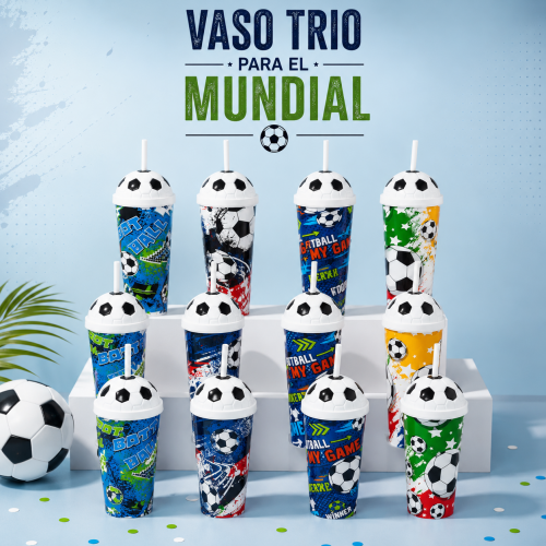 Vaso frío futbolero con tapa y popote. Ideal para bebidas y temporada mundialista. Venta por mayoreo
