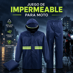 Juego de impermeable para moto con chamarra, pantalón y franjas reflejantes. Ideal para lluvia. Venta por mayoreo