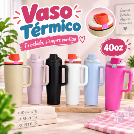 Vaso térmico de 40 oz con asa y varios colores, ideal para llevar bebidas durante el día. Venta por mayoreo