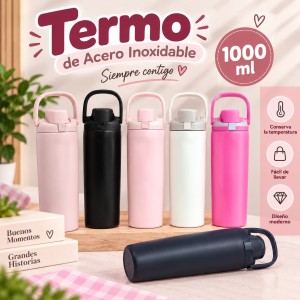 Termo de acero inoxidable de 1000 ml con asa y varios colores, ideal para llevar bebidas durante el día. Venta por mayoreo