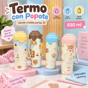 Termo de 650 ml con diseños infantiles en colores pastel, ideal para llevar bebidas en el uso diario. Venta por mayoreo
