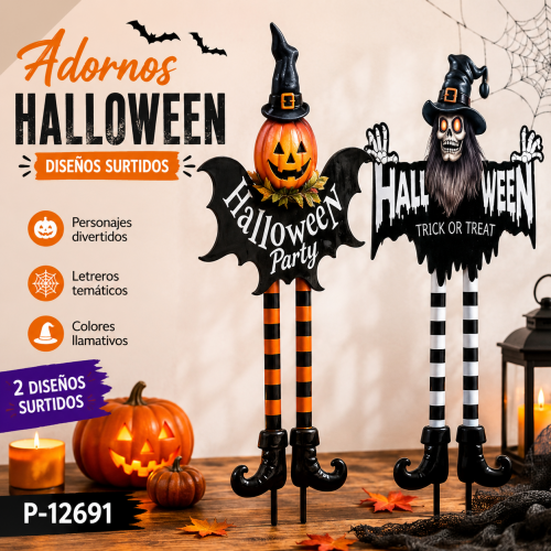 Adornos decorativos de Halloween con 2 diseños surtidos de personajes con sombrero, letreros temáticos y patas largas en colores negro, blanco y naranja. Ideales para exhibición de temporada. Venta por mayoreo