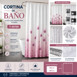 Cortina de Baño Impermeable con Ganchos 180 x 180 cm T-30759