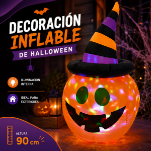Decoración inflable de Halloween con cabeza de calabaza y luces LED de 90 cm. Venta por mayoreo