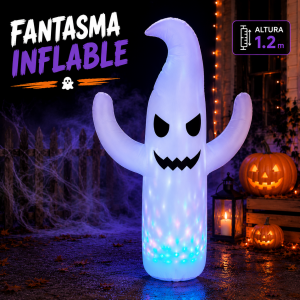 Fantasma inflable de Halloween con luces LED, ideal para decorar interiores y exteriores. Altura de 1.2 m. Venta por mayoreo.