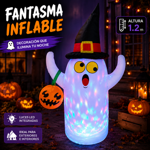 Fantasma inflable de Halloween con sombrero, calabaza decorativa y luces LED. Altura de 1.2 m. Venta por mayoreo. Fantasma inflable de Halloween con sombrero, calabaza decorativa y luces LED. Altura de 1.2 m. Venta por mayoreo.