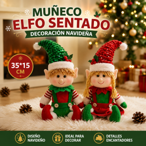 Muñeco elfo sentado de 35 x 15 cm con diseño navideño, ideal para decorar hogares y espacios en temporada de Navidad. Venta por mayoreo