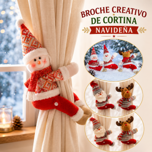 Broche creativo para cortina con muñeco navideño de tela, ideal para sujetar y decorar cortinas en temporada de Navidad. Venta por mayoreo