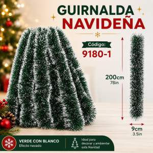 Guirnalda navideña verde con blanco, efecto nevado, de 200 cm de largo y 9 cm de ancho. Ideal para decorar árboles, puertas y espacios festivos. Venta por mayoreo.