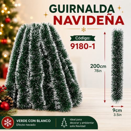 Guirnalda navideña verde con blanco, efecto nevado, de 200 cm de largo y 9 cm de ancho. Ideal para decorar árboles, puertas y espacios festivos. Venta por mayoreo.
