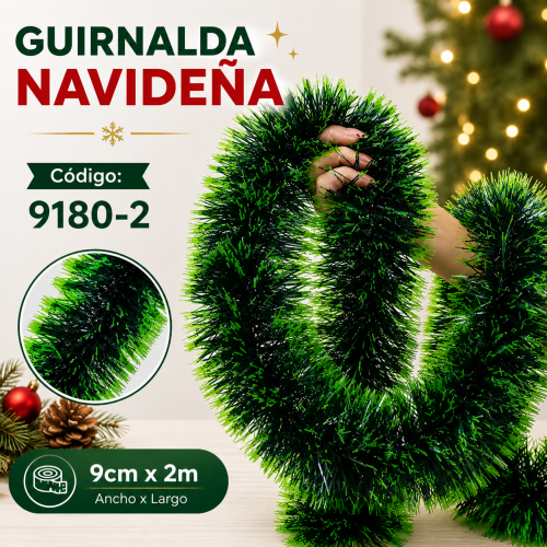 Guirnalda navideña verde de 2 metros de largo y 9 cm de ancho, ideal para decorar árboles, puertas, barandales y espacios festivos. Venta por mayoreo.