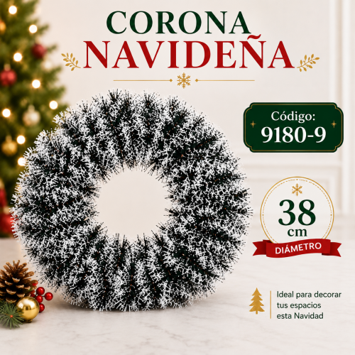 Corona navideña de pino con acabado blanco tipo nevado y 38 cm de diámetro, ideal para decorar puertas, paredes y espacios festivos. Venta por mayoreo. Corona navideña de pino con acabado blanco tipo nevado y 38 cm de diámetro, ideal para decorar puertas, paredes y espacios festivos. Venta por mayoreo.