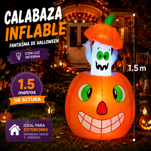 Inflable de Halloween calabaza con fantasma 1-5m– Decoración con luces LED – Diseño resistente al agua – Fácil instalación- Por Mayoreo 9243-11 Inflable de Halloween calabaza con fantasma 1-5m– Decoración con luces LED – Diseño resistente al agua – Fácil instalación- Por Mayoreo 9243-11