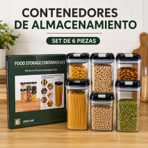 Set de 6 contenedores transparentes con tapas negras, ideal para organizar alimentos secos en la cocina. Venta por mayoreo