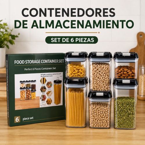 Set de 6 contenedores transparentes con tapas negras, ideal para organizar alimentos secos en la cocina. Venta por mayoreo