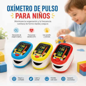 Oxímetro pediátrico digital para medir oxígeno y pulso. Diseño compacto tipo dedo. Fácil de usar. Venta por mayoreo