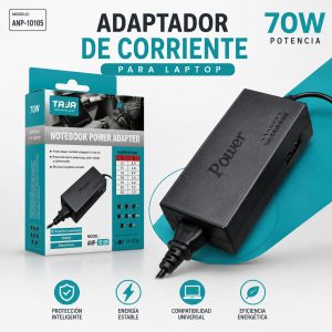 Adaptador de corriente para laptop de 70W, ideal para alimentación de equipos portátiles. Venta por mayoreo