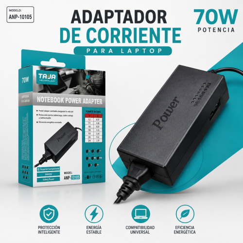 Adaptador de corriente para laptop de 70W, ideal para alimentación de equipos portátiles. Venta por mayoreo Adaptador de corriente para laptop de 70W, ideal para alimentación de equipos portátiles. Venta por mayoreo